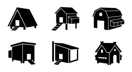 Chicken Coop Icons, Farm Buildings Vector Set, Poultry House Silhouettes for Rural Design © Fahima