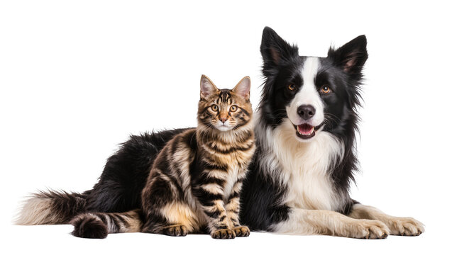 Tabby cat and Border Collie dog resting together, isolated on transparent background
