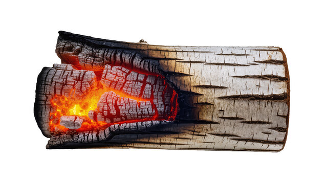 Burning birch log with glowing embers and cracked bark, isolated on transparent background