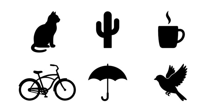 Black Silhouette Icons: Cat, Cactus, Coffee Cup, Bicycle, Umbrella, Bird Vector Set