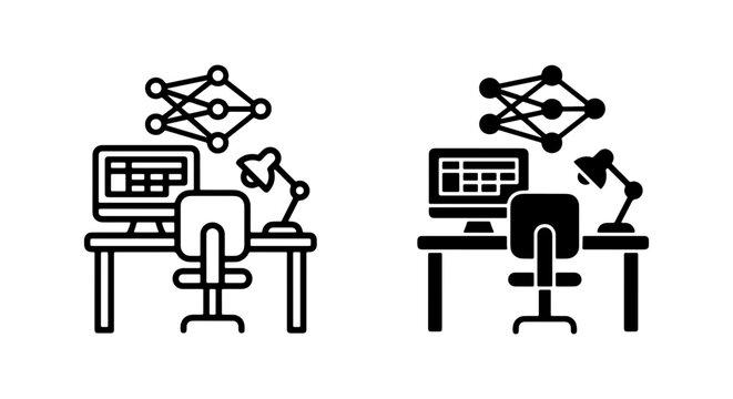 AI Workspace Icons, Neural Network Desk Setup, Computer, Lamp, Chair, Technology Concept, Vector Art