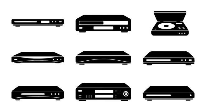 Collection of Black DVD and Blu-ray Player Icons, Media Device Vector Set