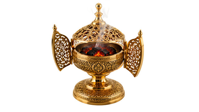 Ornate gold incense burner with burning charcoal and smoke, traditional middle eastern brass bakhoor censer, luxury arabic metal aromatherapy vessel