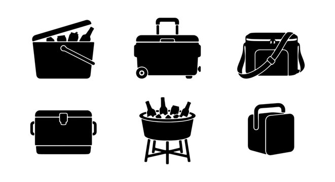 Cooler Icons Set: Portable Ice Chests, Rolling Coolers, Soft Bags, Beverage Buckets
