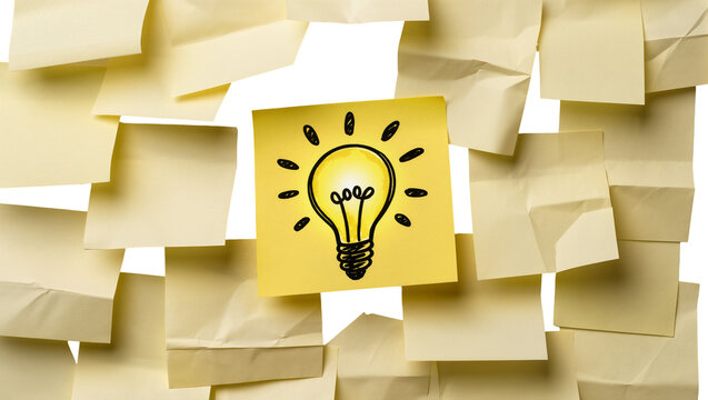 Yellow sticky notes with a hand-drawn light bulb idea symbol, isolated on transparent background