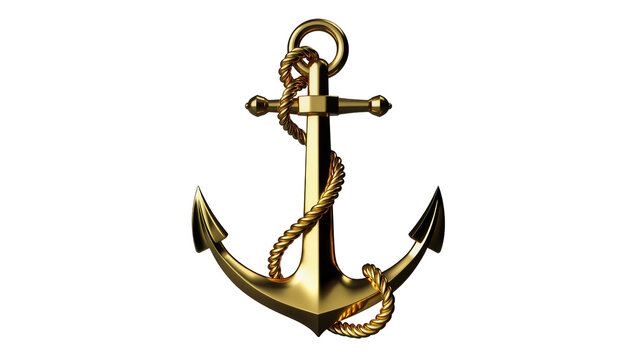 Shiny golden anchor with thick rope, isolated on transparent background