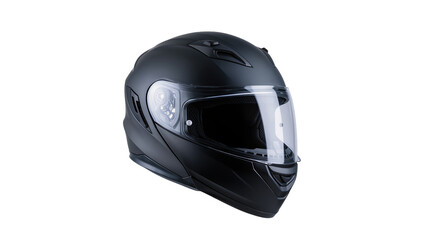 Fototapeta premium Matte black full-face motorcycle helmet with clear visor, isolated on transparent background