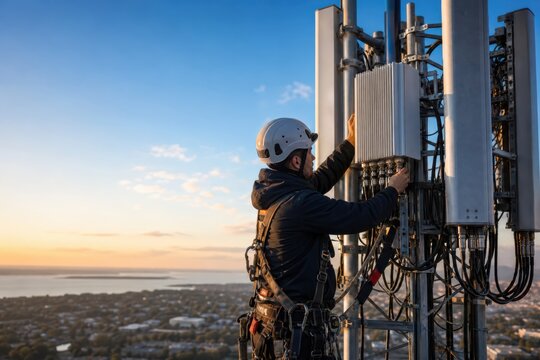 Telecom infrastructure maintenance with technician servicing wireless network equipment at sunset