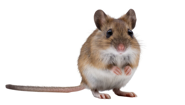 Small brown and white mouse with long tail, isolated on transparent background