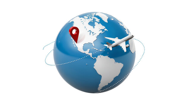 Airplane flying around globe with red location pin, isolated on transparent background