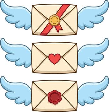 Collection of three cartoon flying love letter envelopes with blue angel wings and seals vector graphic illustration.