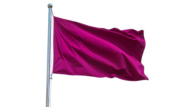 Waving magenta flag on metal pole, isolated on transparent background