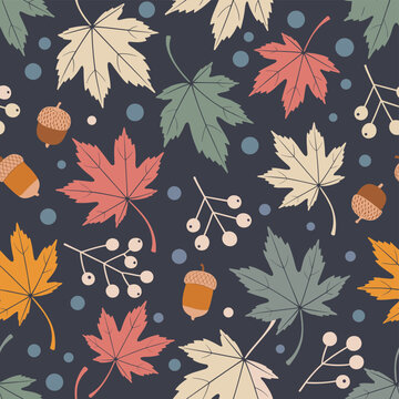 Autumn Maple Leaves Acorns and Berries Seamless Pattern on Dark Blue Background fall