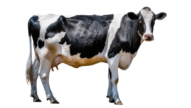 Black and white Holstein Friesian cow standing, isolated on transparent background