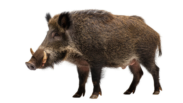 Wild boar with tusks full body profile, isolated on transparent background