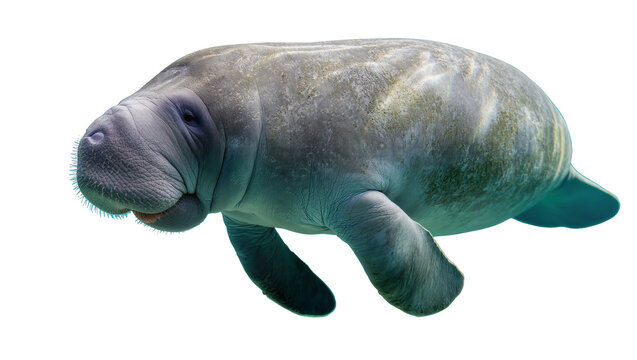 Gentle gray manatee swimming gracefully, isolated on transparent background