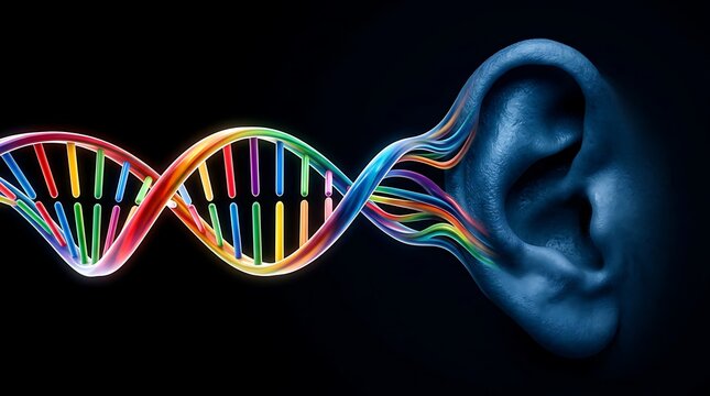 dna helix and human ear conceptual image on black background