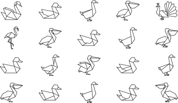 Creative origami bird icon collection isolated background featuring geometric polygonal animal symbols in modern minimal vector style