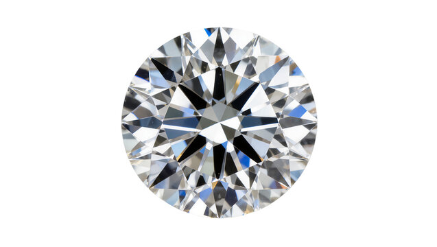 Round brilliant cut diamond with sharp facets, isolated on transparent background