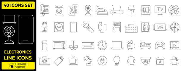 Fototapeta premium Modern Electronics and Home Appliances Line Icons Set, Minimalist Consumer Gadgets and Digital Devices Vector Elements Collection with Editable Stroke