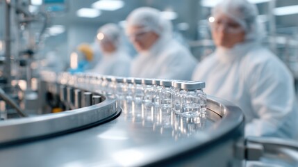 Obraz premium Vaccine production line with glass vials on a sterile conveyor in a pharmaceutical manufacturing plant for medical packaging and industrial background