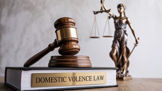 Domestic Violence Law Concept Book with Gavel Scale and Lady Justice Statue Background