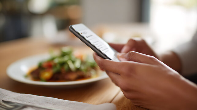 Close-up of hands hold and operate a modern smartphone device, scroll through content while seated at a restaurant table with a meal nearby for a break