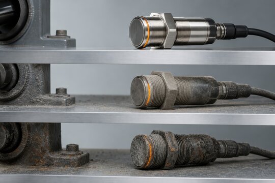 Industrial sensor comparison showing new and corroded proximity sensors on metal shelves for automation and maintenance planning