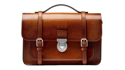 Brown leather satchel with silver buckle and strap, isolated on transparent background © Sofix