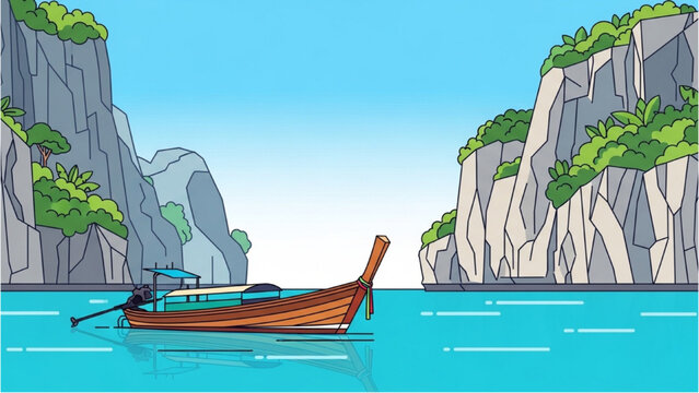 A traditional wooden boat sails through calm turquoise waters between towering limestone cliffs covered in lush greenery.