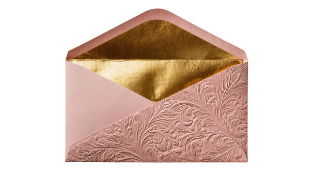 Rose gold embossed envelope with shiny gold interior, isolated on transparent background