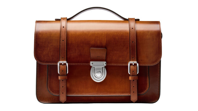 Brown leather satchel with silver buckle and strap, isolated on transparent background