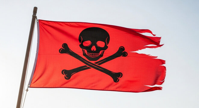A torn and tattered pirate flag with a black skull and crossbones on a vibrant red background waves in the wind against a bright sky.