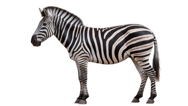 Striped zebra standing profile view, isolated on transparent background