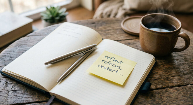 A warm cup of steaming coffee sits on a rustic wooden table next to an open journal with a pen and a sticky note that says reflect refocus restart.