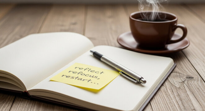 An open journal sits on a light wooden table beside a pen and a yellow sticky note that reads reflect refocus restart, with a cup of coffee nearby.