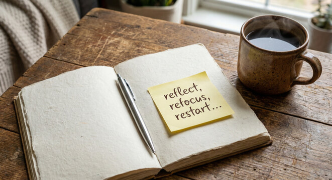 An open journal lies on a rustic wooden table with a pen and a yellow sticky note inscribed with the words reflect refocus restart.