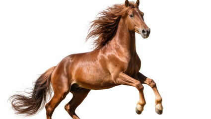 Majestic brown horse rearing up mane flowing, isolated on transparent background © Sofix