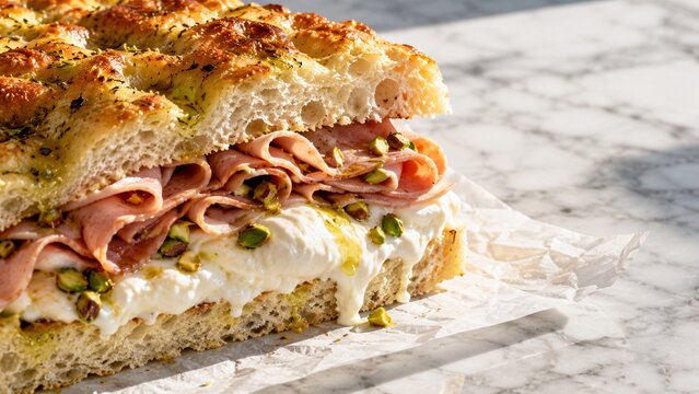 Italian focaccia sandwich packed with mortadella slice, burrata cheese, and crushed pistachios