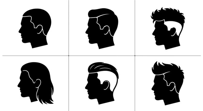 Modern Men's Hairstyles Silhouette Collection, Diverse Haircuts Vector Set, Professional Grooming Styles, Black and White Icons for Barber Shops and Style Guides