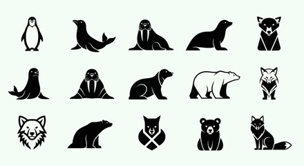 Arctic Animals Icons Set: Penguin, Seal, Walrus, Fox, Polar Bear, Bear, Wolf © Brembo