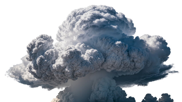 Massive grey volcanic ash cloud erupting upwards, isolated on transparent background