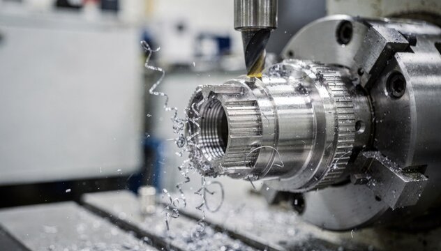 Medium shot of precision machining a highreliability aerospace circular connector with bayonet coupling showcasing intricate metalwork and craftsmanship.
