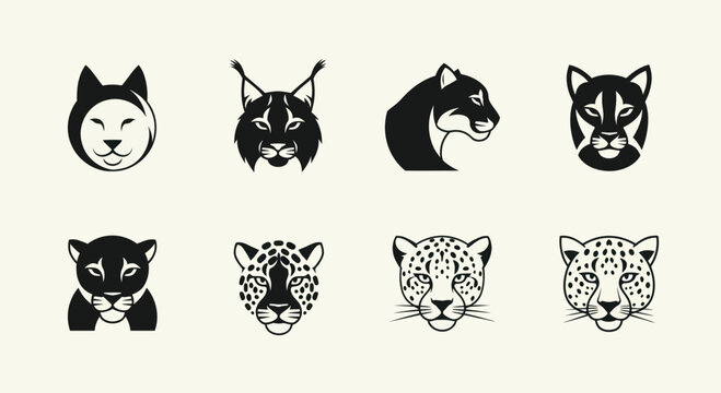 Big Cat Icons Set: Cheetah, Leopard, Lynx, Panther, Puma, Tiger, Wildcat