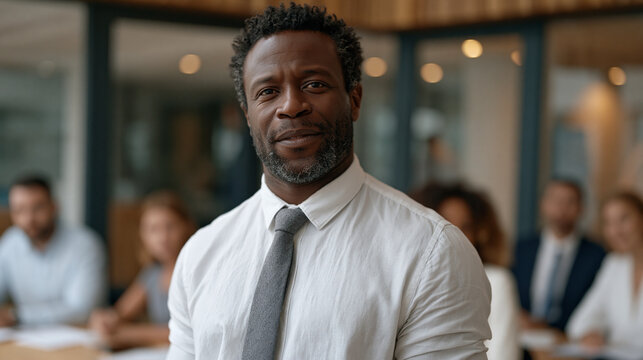 Male employee staring forward uncomfortably while coworker speaks over him mid-presentation, microaggression workplace moment, glass-walled conference room, diverse colleagues seated around table, b