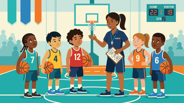 A clear flat design illustration of a coach guiding a youth basketball team, highlighting the importance of team sports, youth activity, and mentorship.