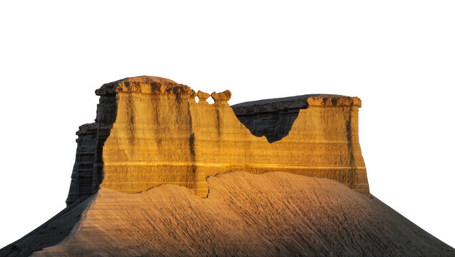 Layered sandstone mesa with eroded formations, isolated on transparent background