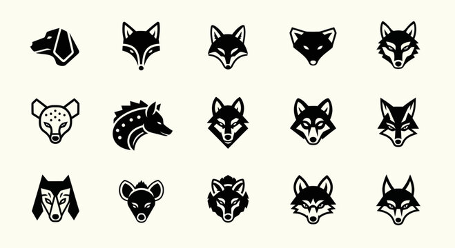 Canine Animal Icons Set: Wolf, Fox, Dog, Hyena, Dingo - Vector Graphics
