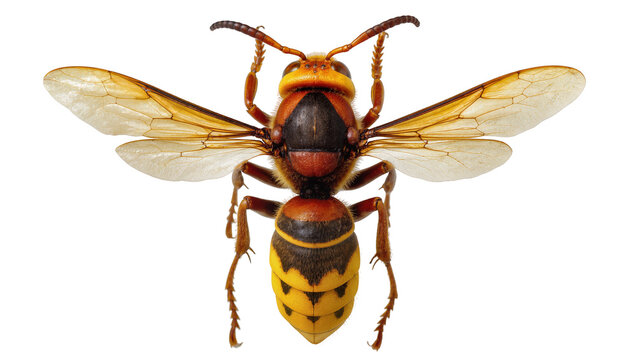Large European hornet with segmented body and transparent wings, isolated on transparent background