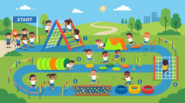 A playful flat design illustration showcasing children having fun on an outdoor obstacle course, promoting youth activity, sports day, and healthy living.